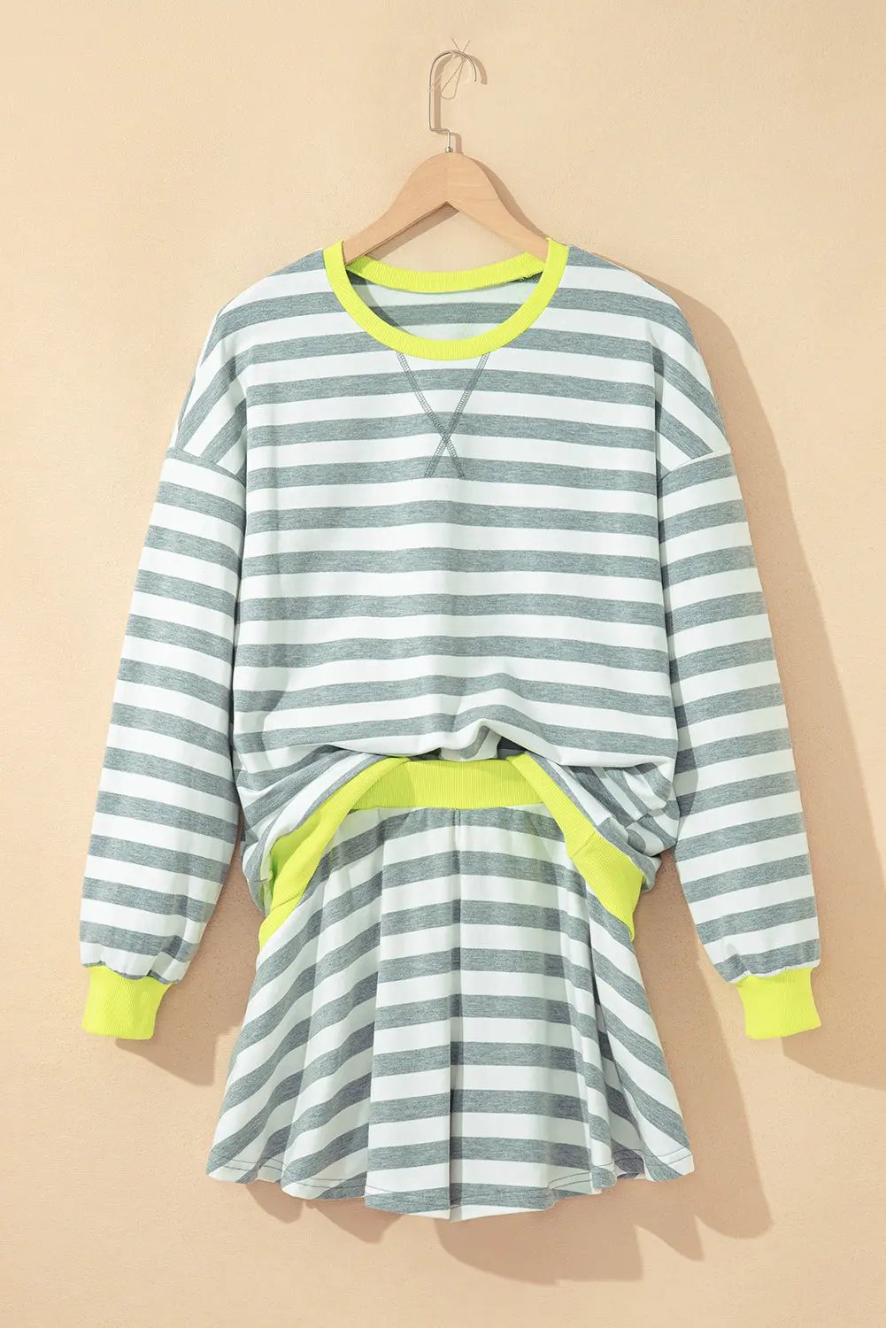 Premium Gray Stripe Ribbed Long Sleeve Blouse Plus Shorts Set Dear-Lover Dropshipping